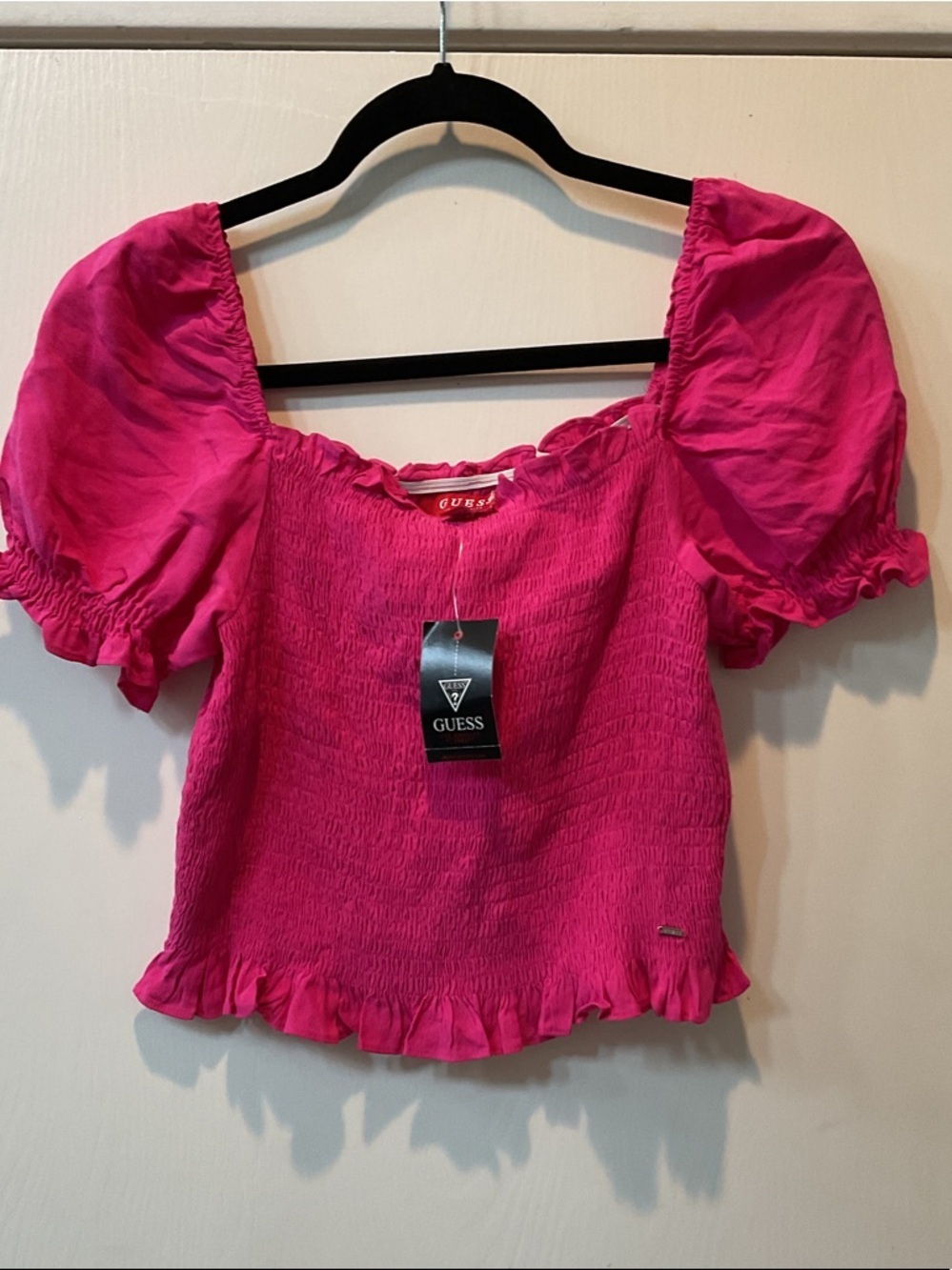 GUESS Hot Pink Smocked Puff Sleeve Crop Top